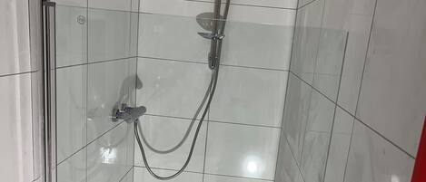 A small, tiled shower room with a glass door and a showerhead.