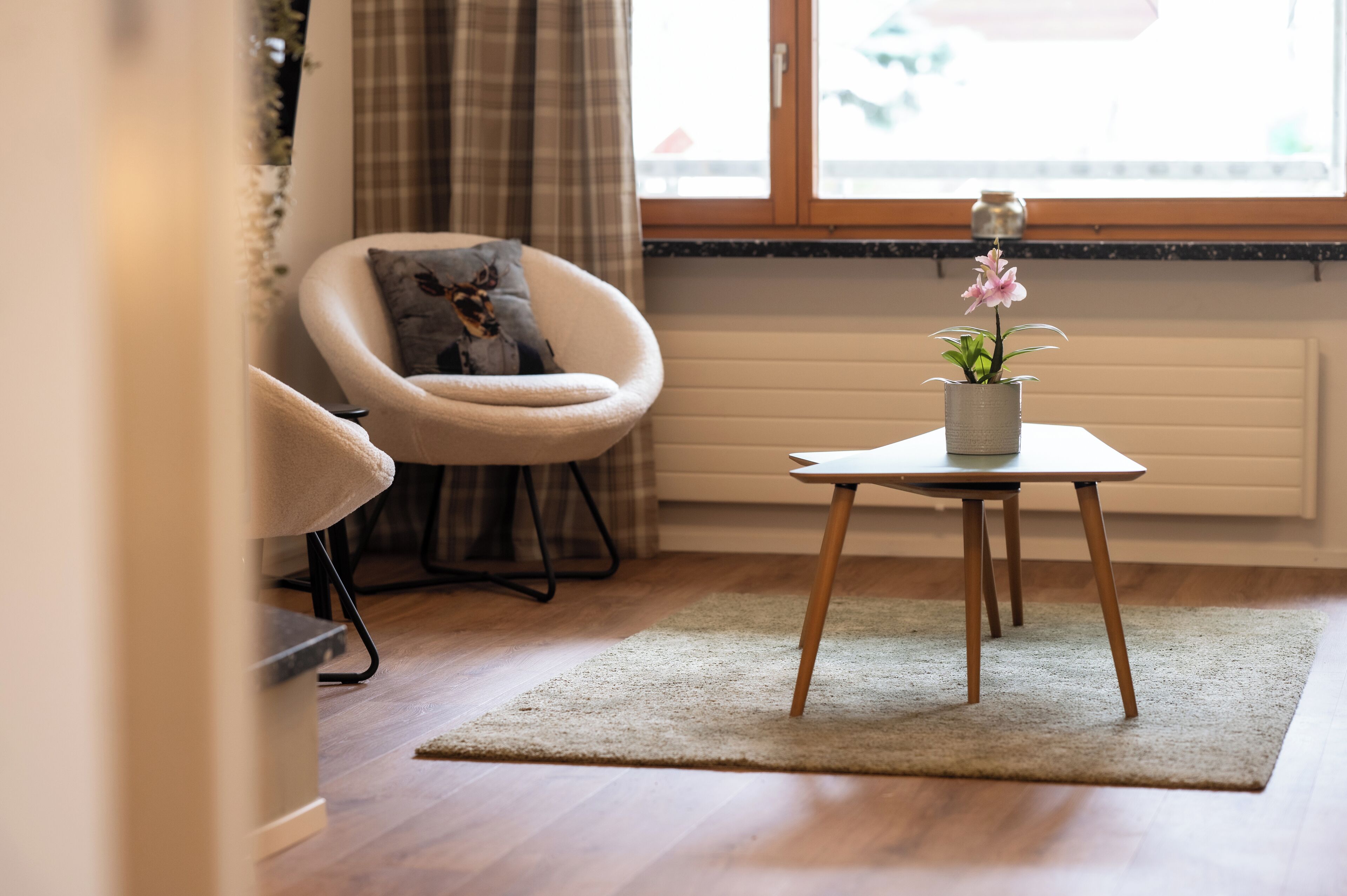 Deluxe-Apartment, Balkon, Gartenblick | Wohnbereich