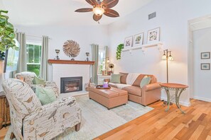 Smart TV, fireplace, books