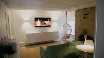 Een televisie, een open haard, videogames en boeken