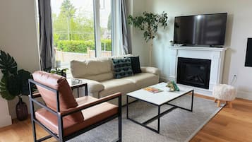 Een smart-tv, een open haard en boeken