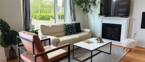 Una Smart TV, una chimenea, libros