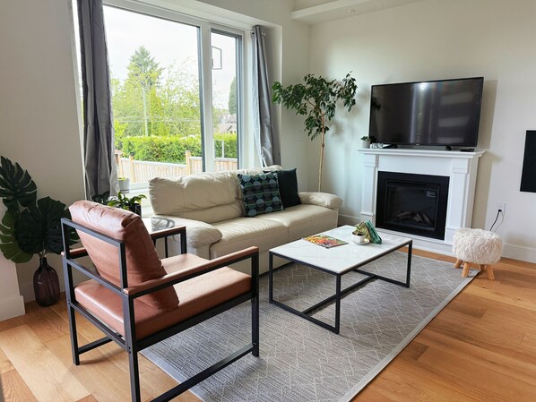 Smart TV, fireplace, books