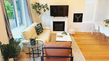 Een smart-tv, een open haard en boeken