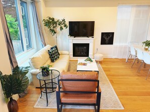 Smart TV, fireplace, books