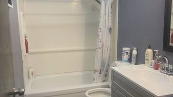 Hair dryer, towels, soap, toilet paper