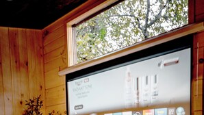 A wooden cabin room with a bed, a projector screen displaying a movie, and a small plant. - The Laurel  A private retreat for two! Scenic mornings. (Fannin County)