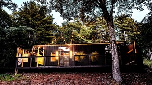 A rustic cabin with a wooden exterior, surrounded by trees. - The Laurel  A private retreat for two! Scenic mornings. (Fannin County)