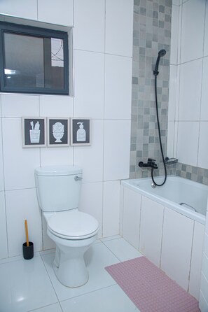 Shower, towels, toilet paper