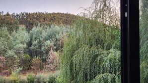A balcony with a table and chairs, overlooking a forested area with a river. - XISTO Xisto, a haven for an unforgettable stay. (Semide)