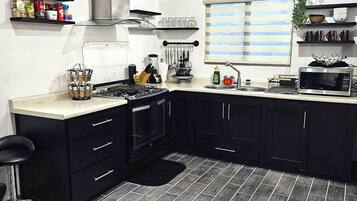 Fridge, microwave, oven, electric kettle