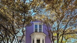 Une maison violette avec une baie vitrée, entourée d’arbres et de feuilles mortes.