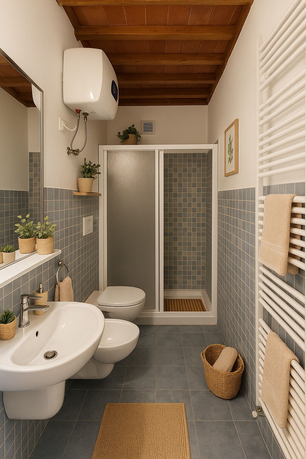 Douche, sèche-cheveux, bidet, serviettes fournies