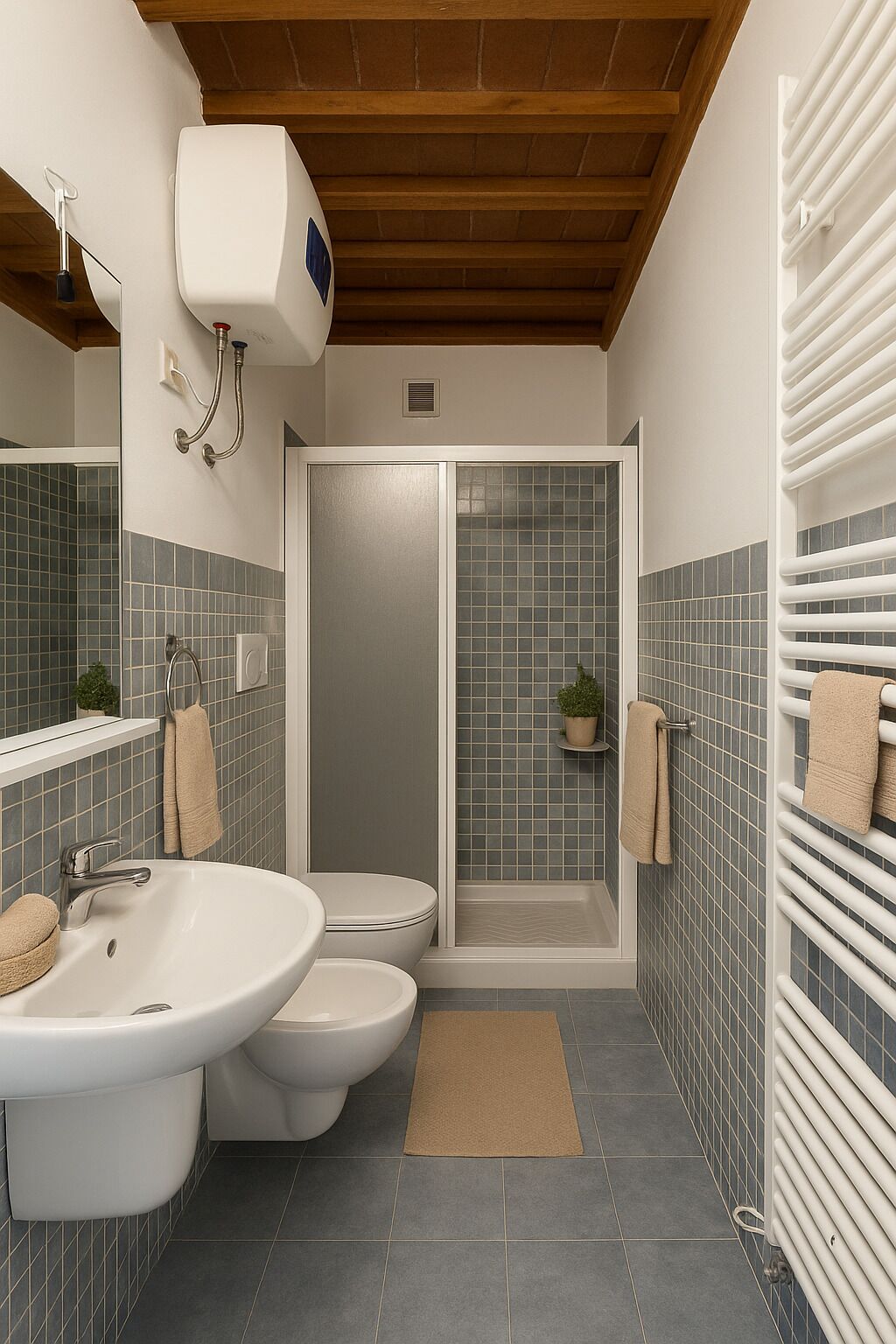 Un bagno moderno con doccia, servizi igienici e lavandino.