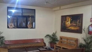 A room with a sofa, a wooden bench, two potted plants, a painting, and a window. - Hostal y Complejo Turistico La Rueda (Guaranda)