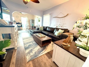 Smart TV, fireplace, books, music library