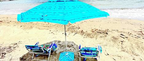 On the beach, sun-loungers, beach towels