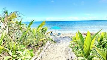 On the beach, sun loungers, beach towels