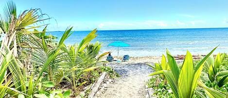 On the beach, sun-loungers, beach towels