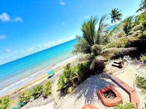 On the beach, sun-loungers, beach towels