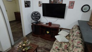 A living room with a sofa, a wooden coffee table with flowers, a TV on a stand, and a fan.