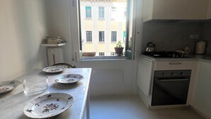 A compact kitchen with a view of buildings through a window, a small countertop, and a potted plant.
