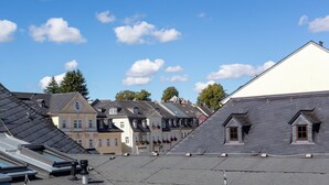En rad traditionella europeiska byggnader med sluttande tak och takkupor, under en klarblå himmel.