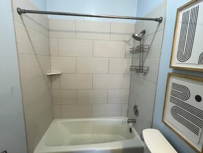 Hair dryer, towels, soap, toilet paper