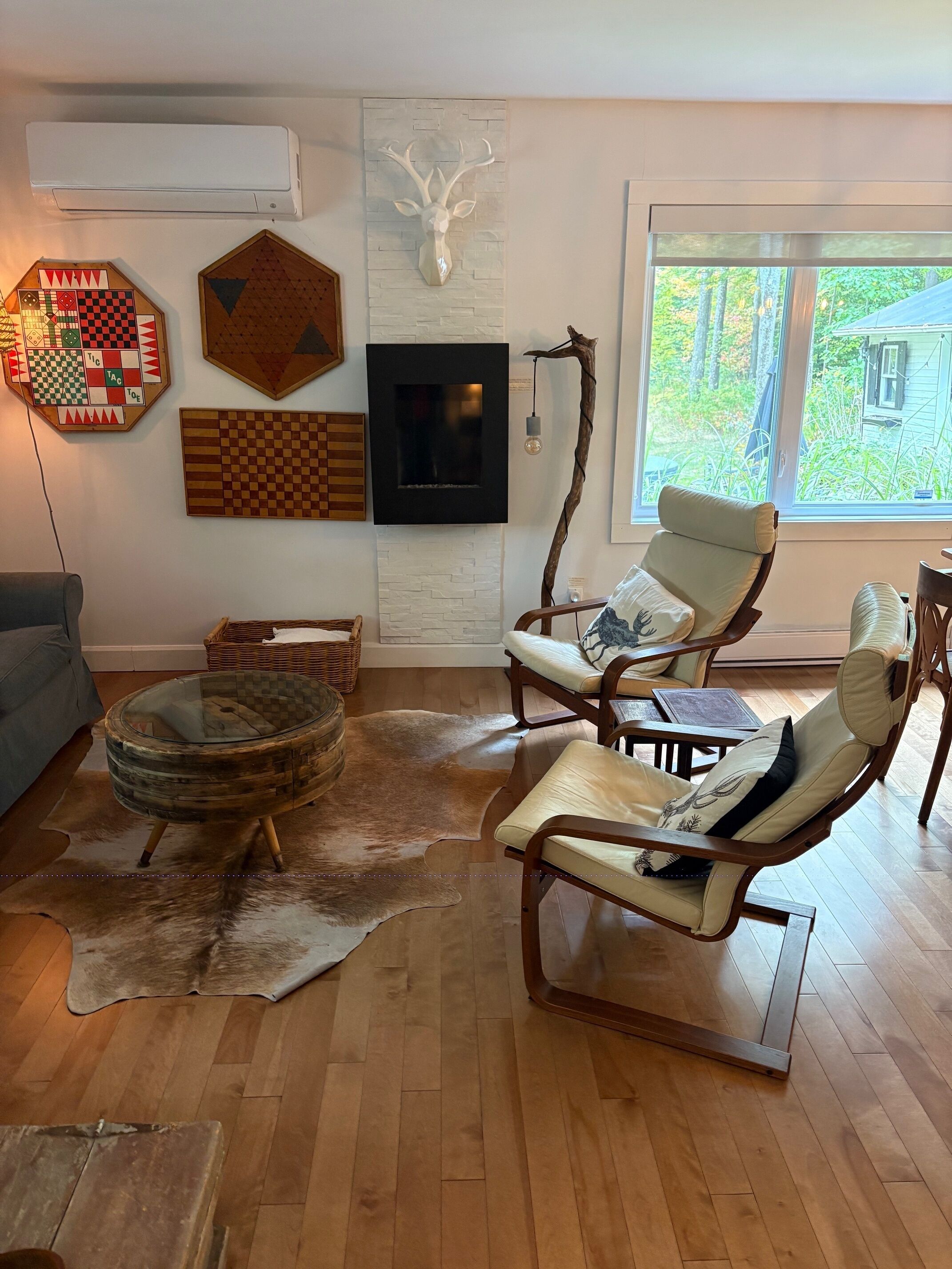 TV connectée, cheminée, livres