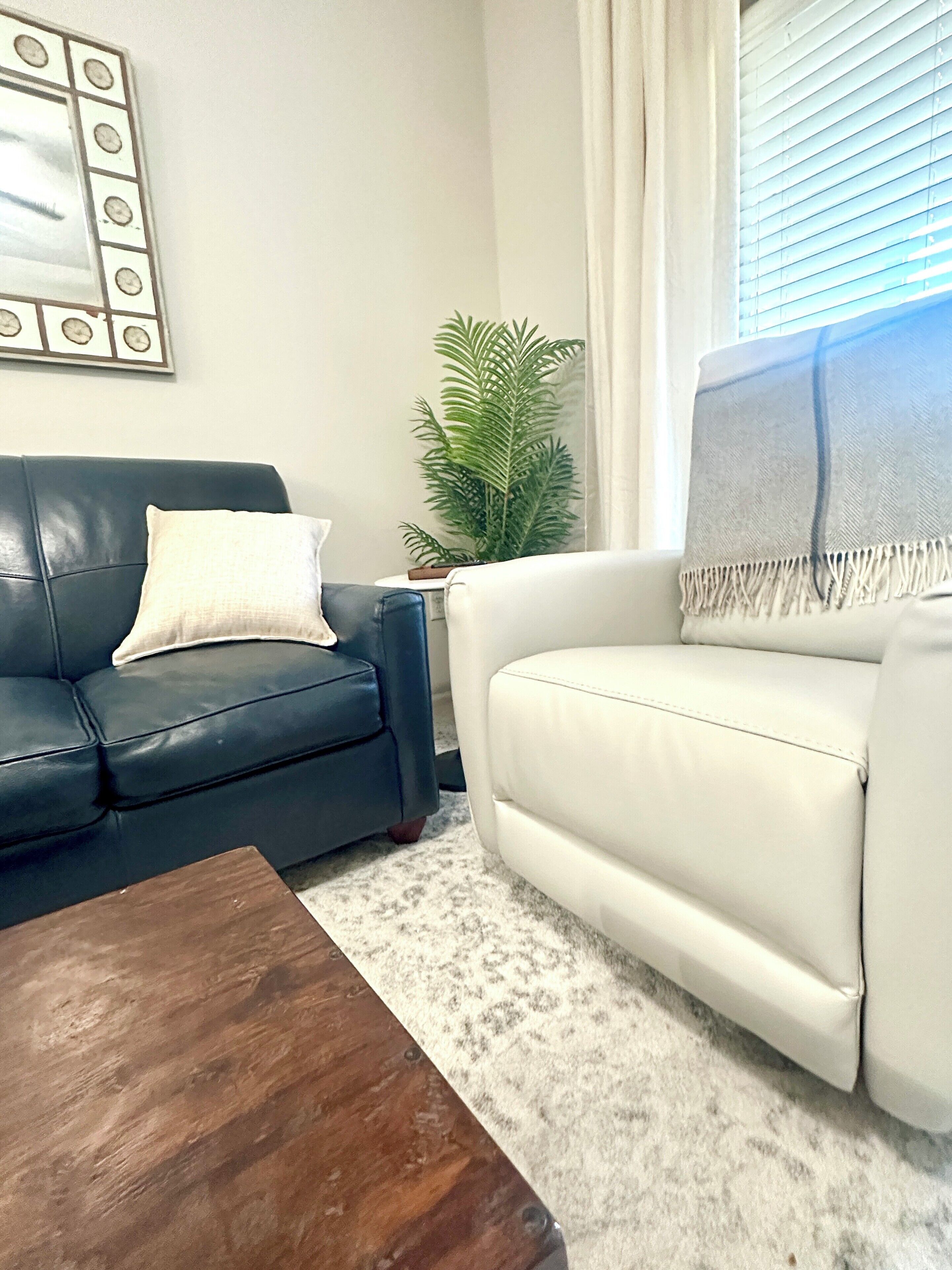 Un salon avec un canapé bleu foncé, un canapé blanc, une table basse en bois, un tapis à motifs gris, une plante verte et un tableau encadré au mur.