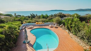 Une piscine à bord incurvé, entourée d’un mur de pierre et d’une végétation luxuriante.