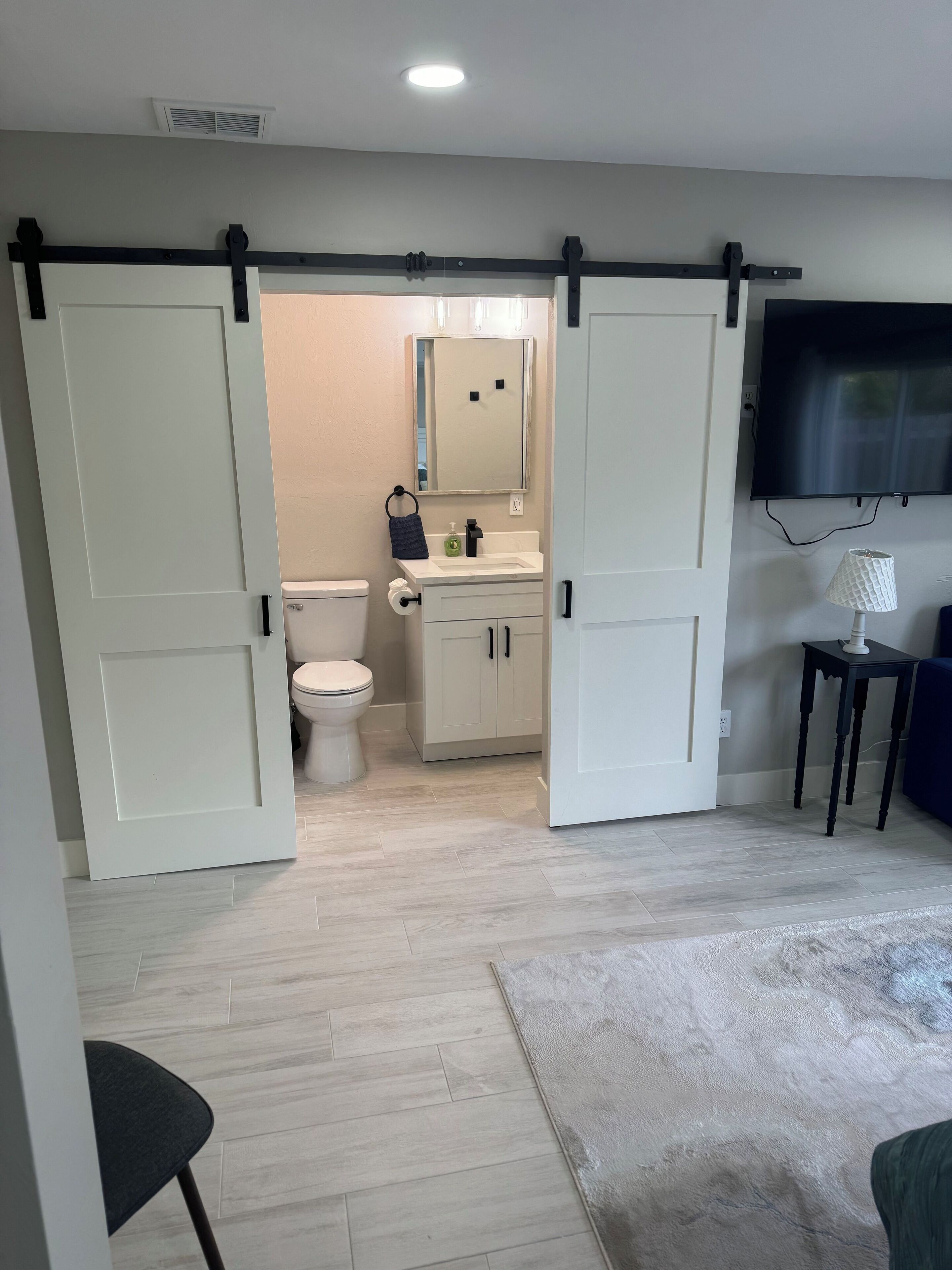 Hair dryer, towels, soap, shampoo