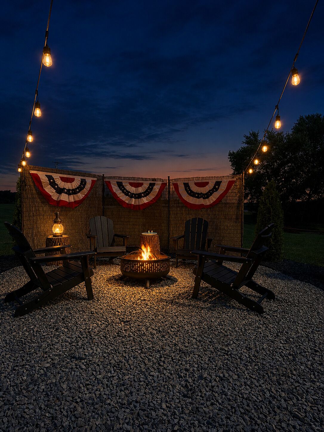 A patio area with a fire pit, two chairs, and string lights against a backdrop of a decorated wall.