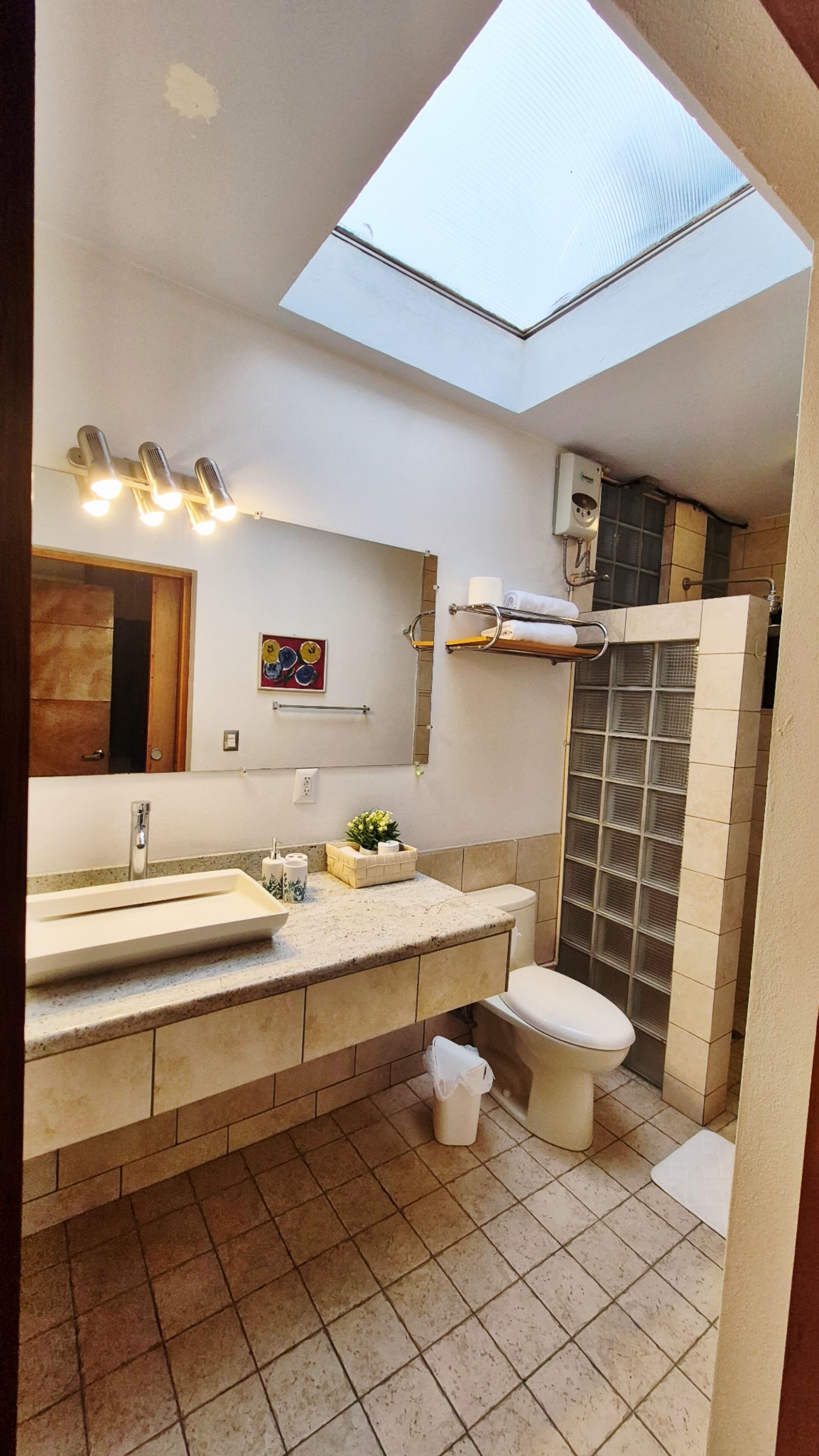 A modern bathroom with a skylight, a large mirror, a sink, a toilet, and a shower area.