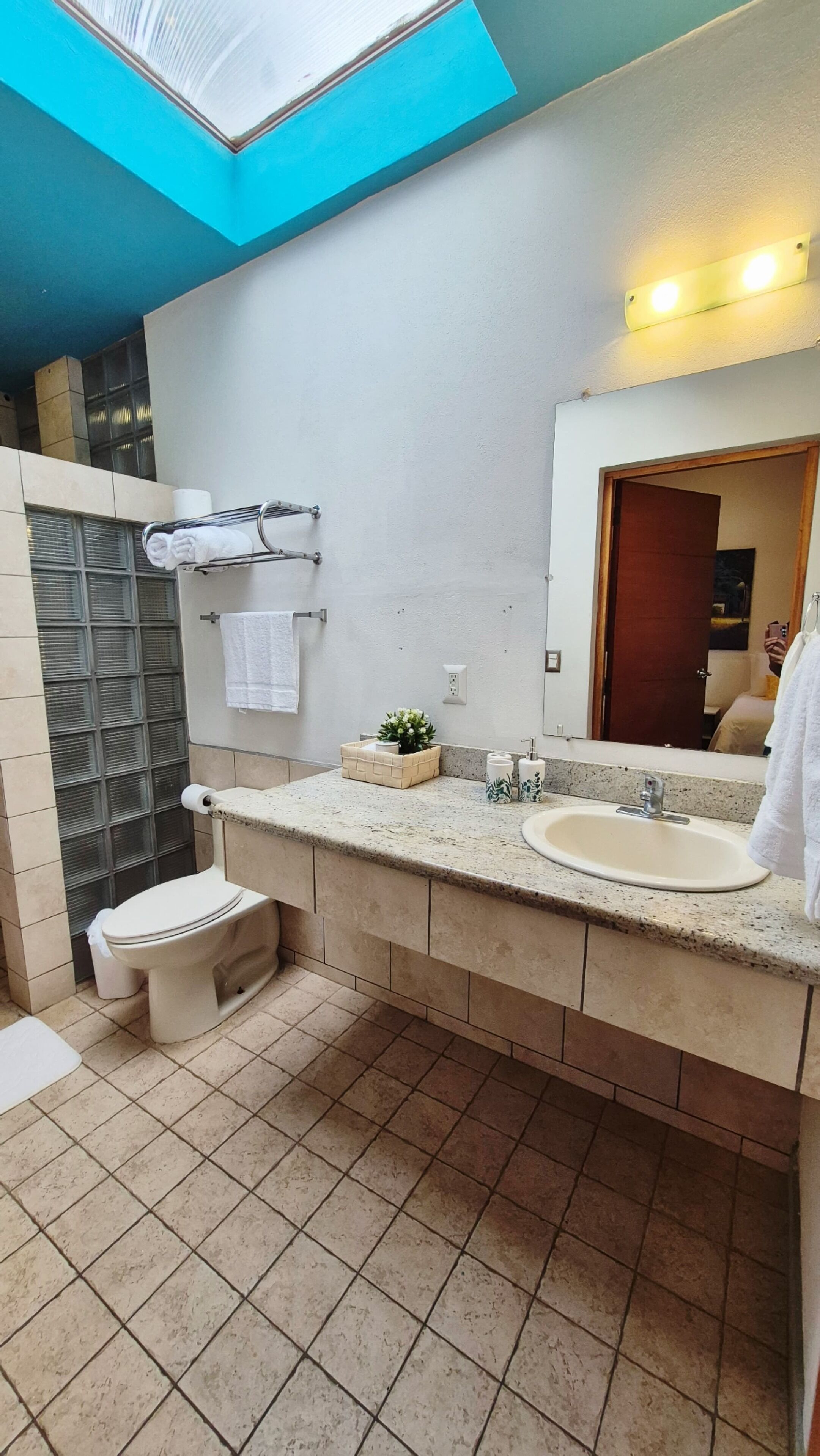 A modern bathroom with a large mirror, a sink, and a toilet. There is a towel rack with towels and a small plant on the countertop.