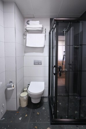 Ducha, secador de pelo, pantuflas, toallas