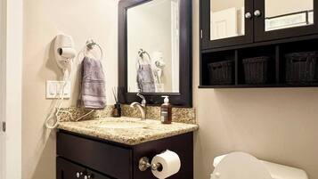 A bathroom with a vanity, a toilet, a mirror, and a hairdryer.