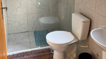 A bathroom with a glass-enclosed shower, a toilet, and a sink.