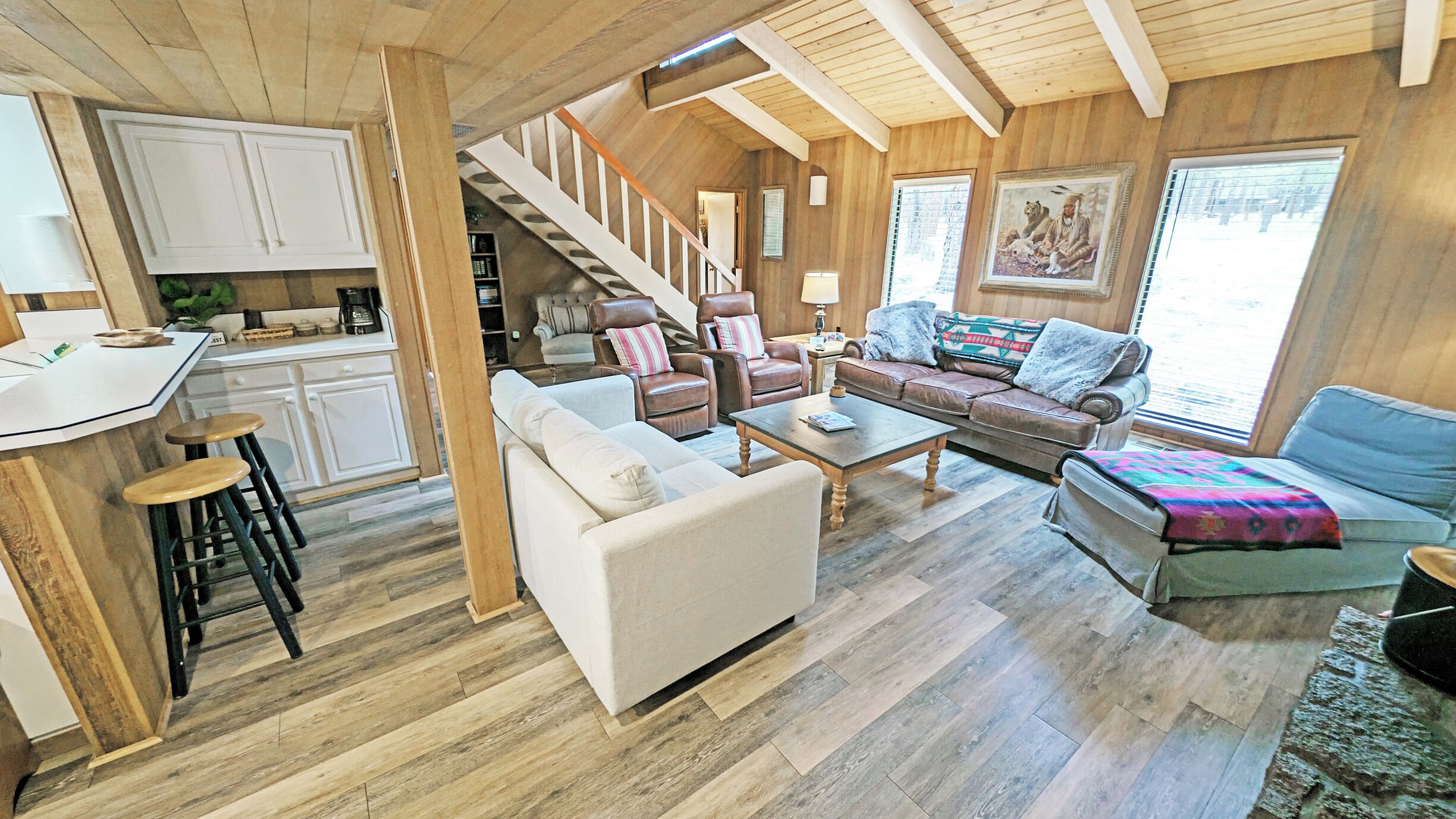 TV, fireplace, books