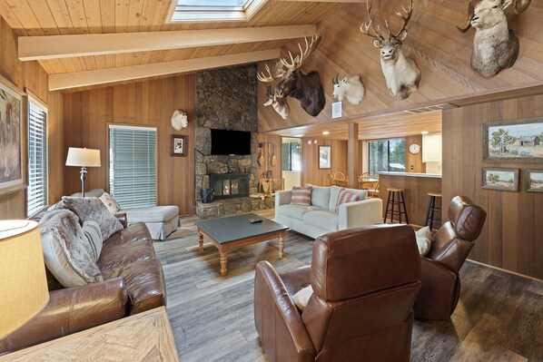 Smart TV, fireplace, table football, books