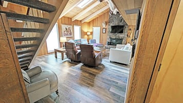 TV, fireplace, books