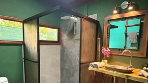 A bathroom with a wooden shower enclosure, a sink with a mirror, and a toilet. - Blue java banana (Tamarindo)