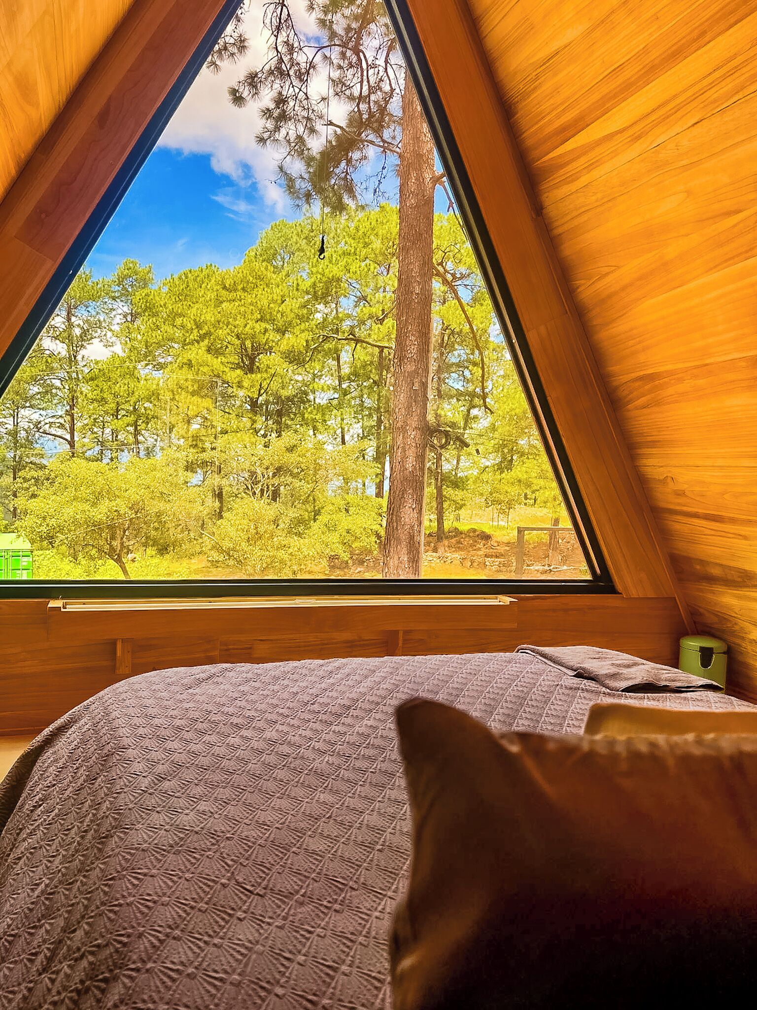 A cozy room with a large window, a bed with a patterned bedspread, and a green trash bin.