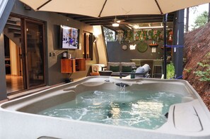 A hot tub area with a television, seating, and a wall decorated with plants.