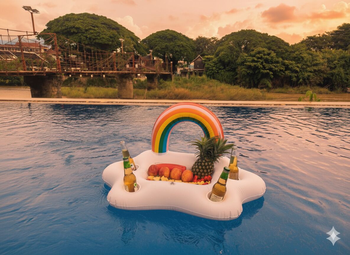 A pool with a floating bar featuring a rainbow arch, a pineapple, and bottles of alcohol.