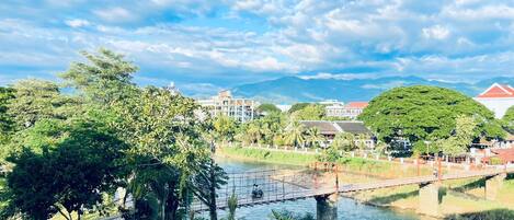 Vista junto al río con un puente, vegetación y edificios al fondo.