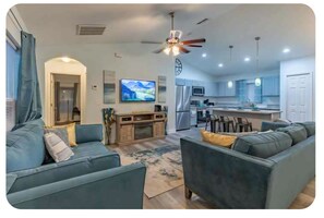 Smart TV, fireplace, foosball