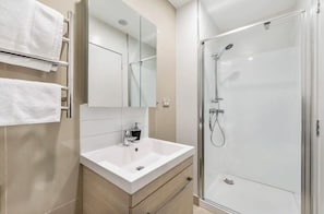 Shower, hair dryer, towels, soap