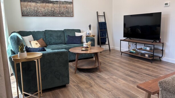 A living room with a green sofa, a coffee table, a TV on a wooden stand, and a painting on the wall. - Coming for work?! Stay here! (Rock Springs)