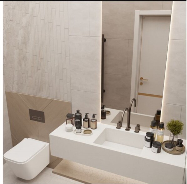 Secador de cabelo, toalhas de banho, sabonete, papel higiênico